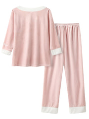 Women Velour Contrast V-Neck Letter Embroidery Cuff Cozy Pajamas Sets