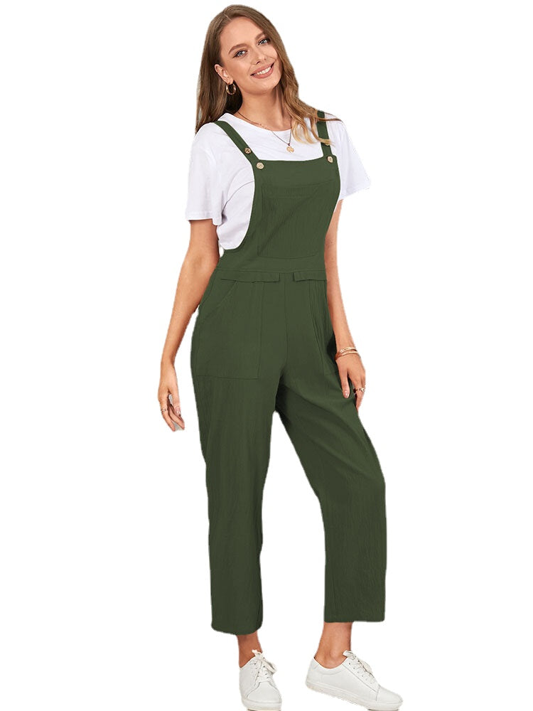 Solid Pocket Sleeveless Button Casual Jumpsuit For Women