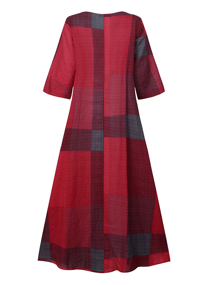 Women Plaid Printing Crew Neck 3/4 Sleeve Daily Loose Casual Maxi Dress