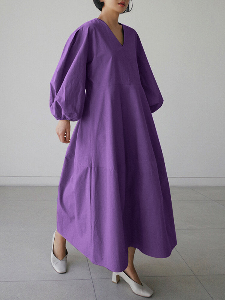 Women Solid V-neck Puff Sleeve Loose Plain Casual Maxi Dress With Pocket