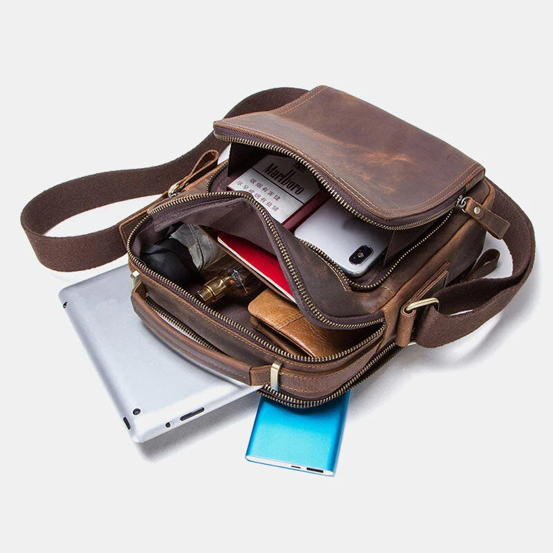 Men's Vintage Leather Multi-Pocket Briefcase Messenger Crossbody Bag