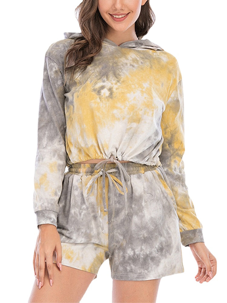 Women Tie Dye Hooded Long Sleeve Home Casual Two-Piece Set