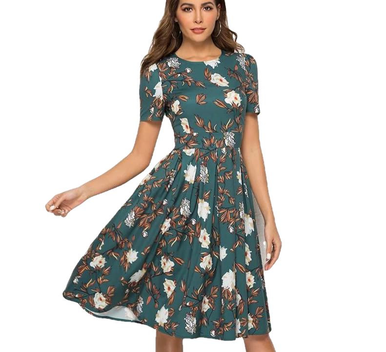 Summer Vintage O-Neck A-Line Floral Print Chic Short Dress For Female