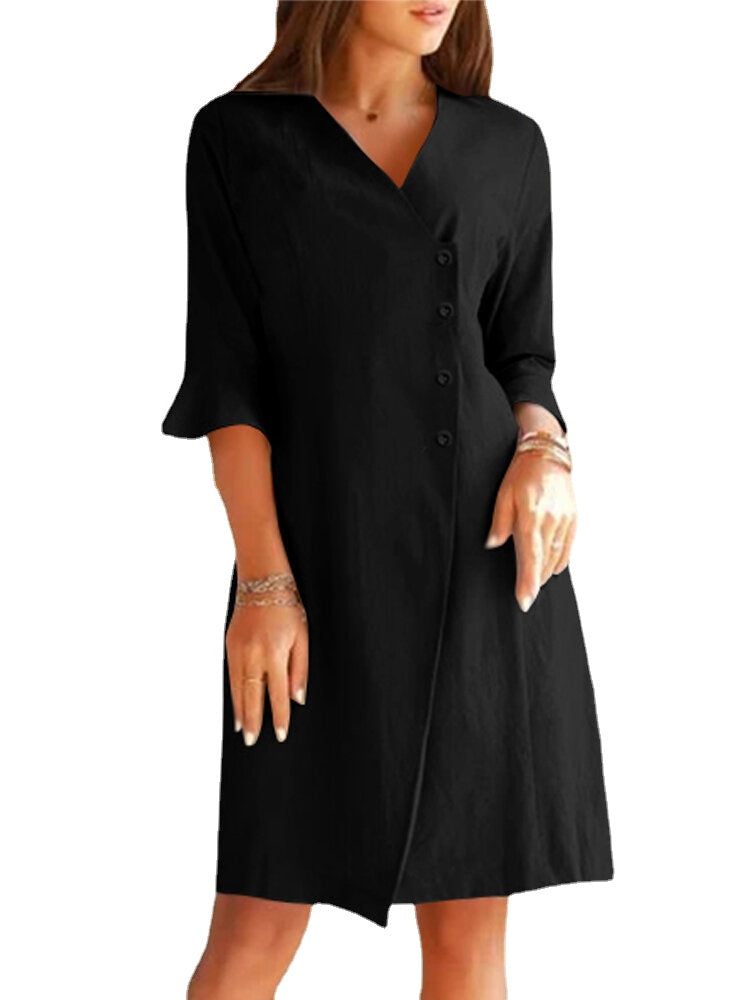 V-neck Oblique Placket Design Bell Sleeve Casual Dress