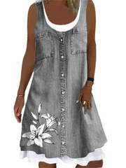 Women's Denim Color Sleeveless Print Pocket Button Round Neck Casual Daily Dress