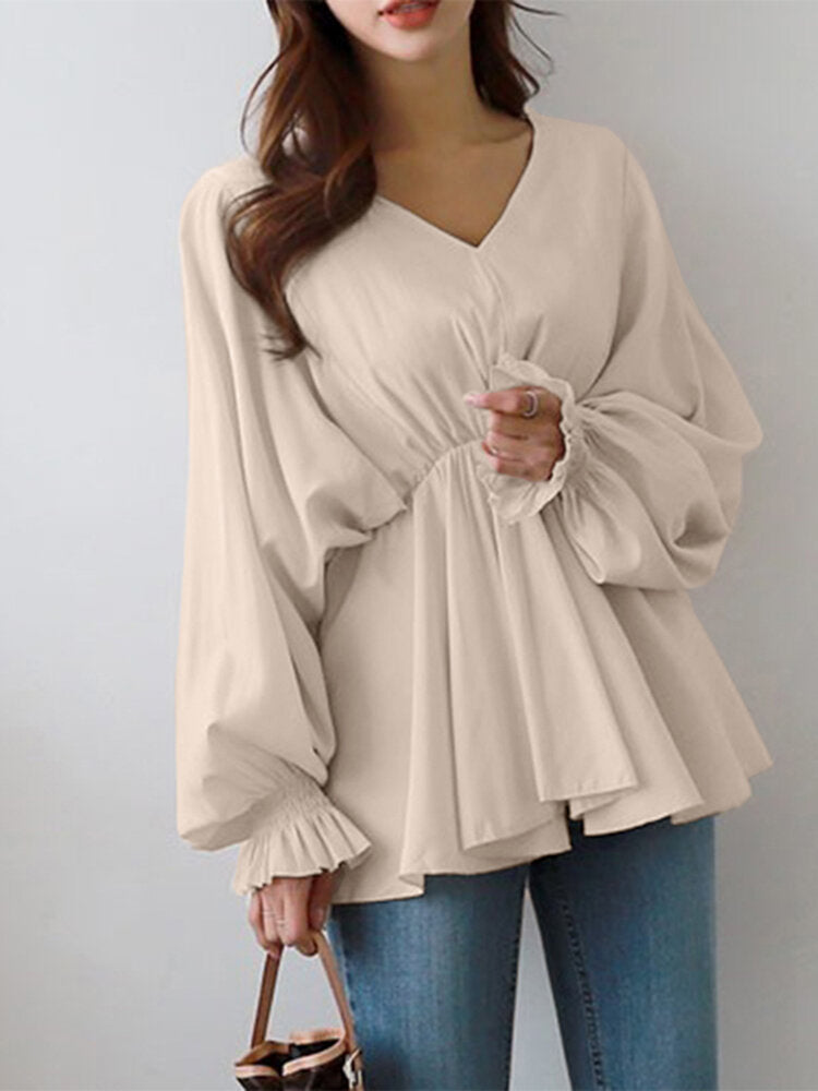 Women Solid Color V-Neck Puff Sleeve Ruffles Hem Casual Blouse