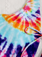 Colorful Tie Dye Bowknot Trim High Fork One Piece Women Beach Swimwear