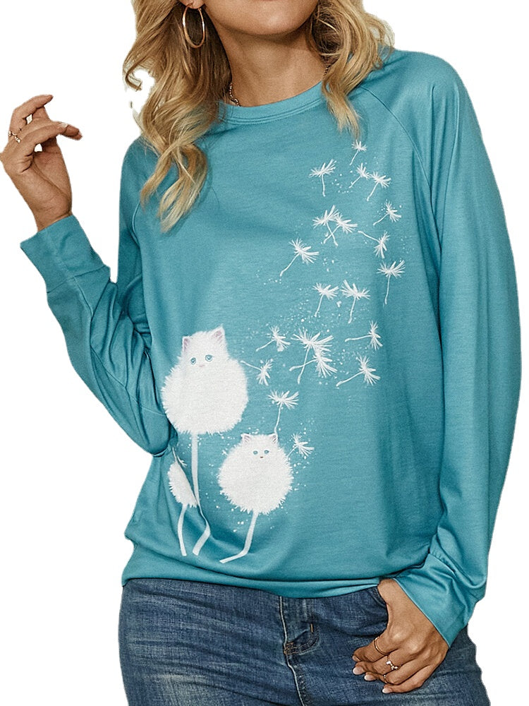 Women Cute Cat Dandelions Print Round Neck Long Sleeve Casual Sweatshirt