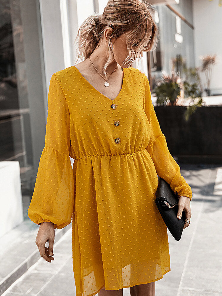 Polka Dot Mesh Patchwork Button Long Sleeve Dress For Women