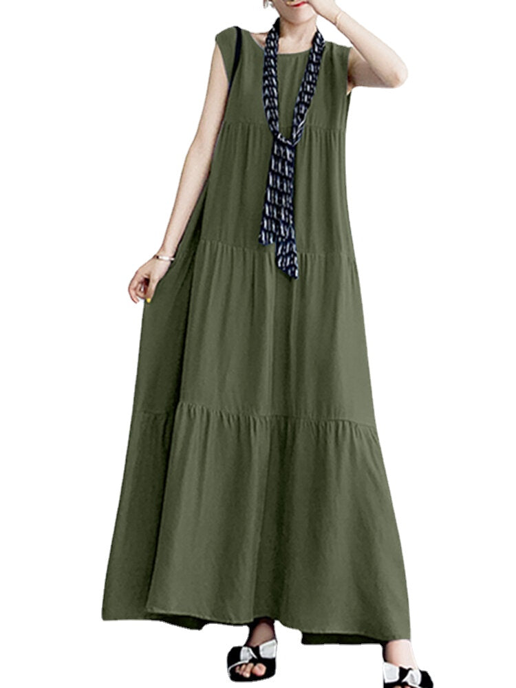 Solid Color O-neck Sleeveless Ruffles Hem Pleated Maxi Dress