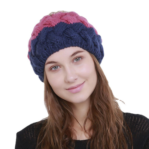 Women Vintage Patchwork Knit Hat Outdoor Winter Earmuffs Ski Skull Cap Beanie