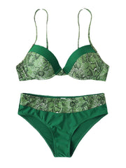 Floral Print Adjustable Straps Green Patchwork Beach Bikini Sets