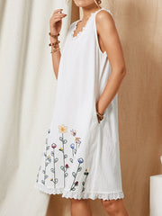 Vintage Flower Embroidery Lace Stitching Sleeveless Casual Dress