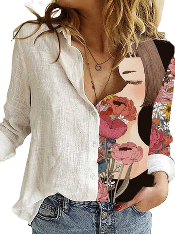 Women Girl Figure Flower Print Patchwork Lapel Collar Long Sleeve Button Up Shirts