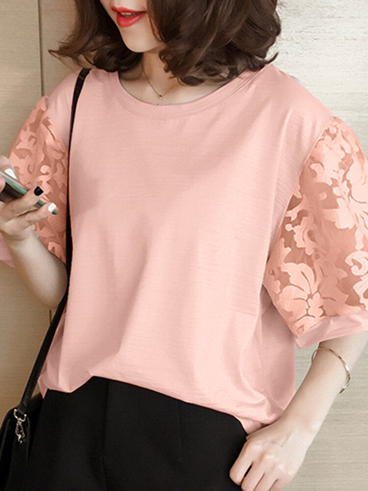 Patchwork Round Neck Half Sleeve Casual Blouse