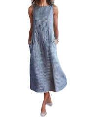 Women Casual Sleeveless Striped Maxi Dress with Pockets