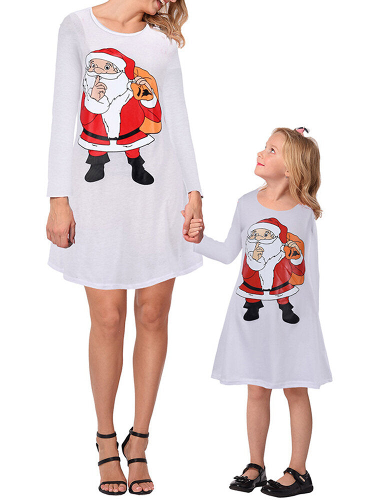 Family Mother Daughter Parent-child Christmas Printed Long Sleeve Women Dress