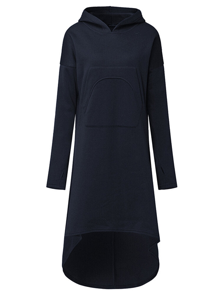 Casual Women Hooded Solid Color High Low Sweatshirt Dress