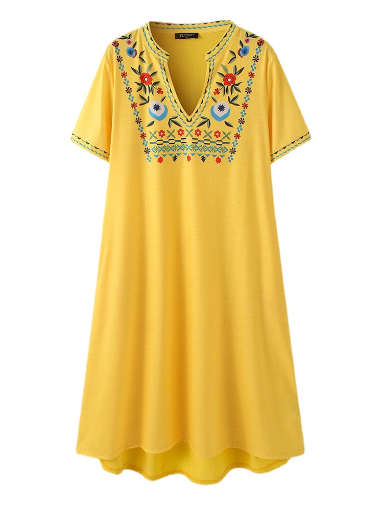 Ethnic Women Notched Neckline Floral Print Bohemian Casual Midi Dress