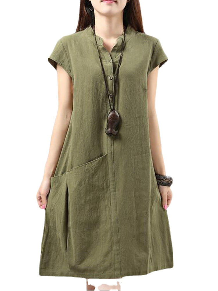 Women Short Sleeve Button Solid Color Casual Dress