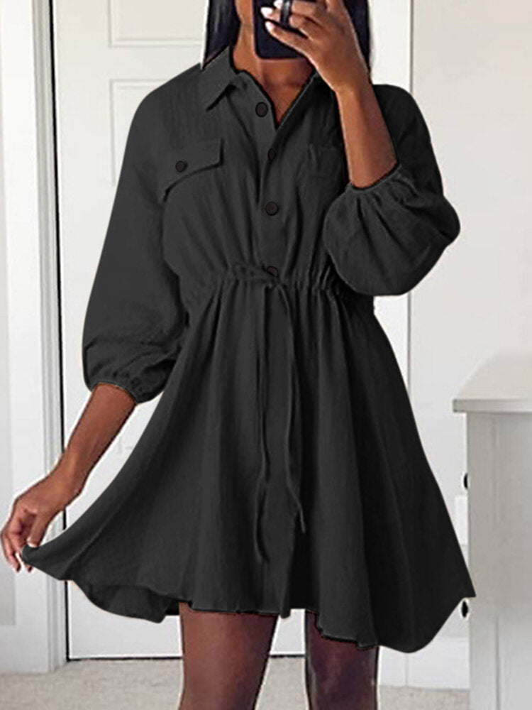 Solid Drawstring Button Lapel 3/4 Sleeve Shirt Dress