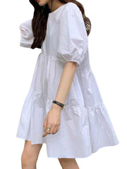 Summer Puff Sleeve Pleating Solid Loose Dress