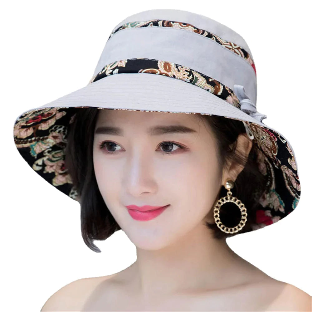 Women Summer Printed Cotton Fisherman Hat Foldable Sunshade Wide Brim Bucket Hat