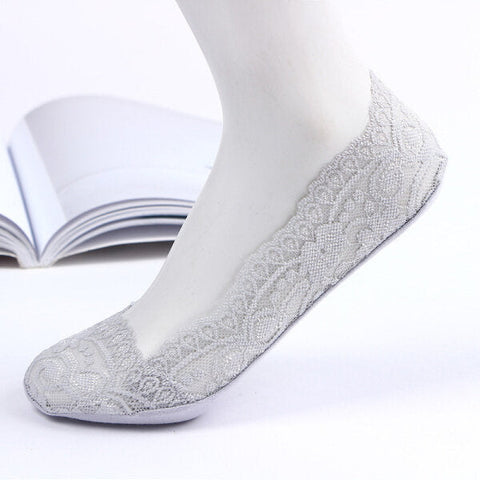 Women Breathable Lace Antiskid Silicone Invisible Boat Socks Low Cut Shallow Socks