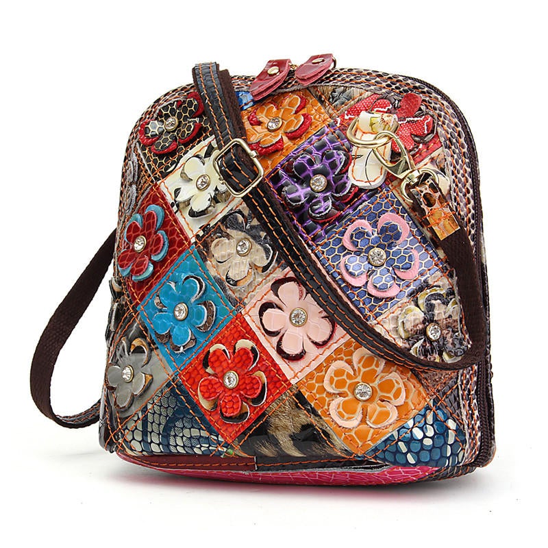 Women Genuine Leather Patchwork Floral Crossbody Bag Shoulder Bag