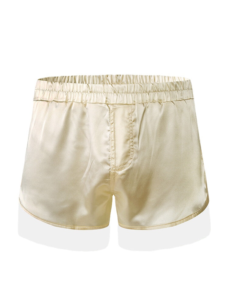 Mens Solid Color Soft Silk Breathable Loose Lightweight Home Elastic Mid Waist Boxers