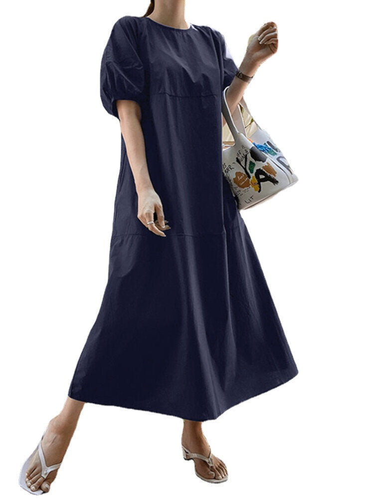 Solid Color O-neck Puff Sleeve Plain Casual Side Pocket Holiday Maxi Dress