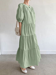 Solid Button Half Sleeve V-neck Loose Casual Maxi Dress