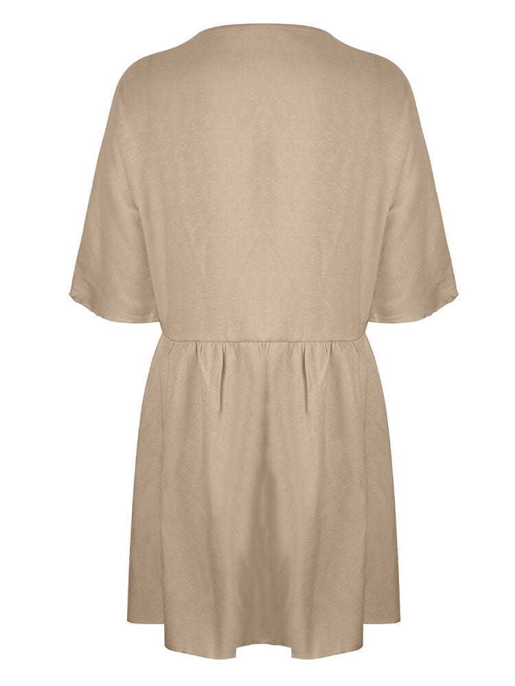 Women Casual Button V-neck Half Sleeve Mini Dress