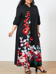 Women Floral Print V-Neck 3/4 Sleeve Casual Maxi Dress