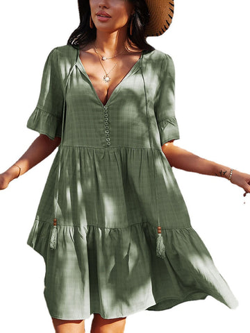 Bohemia Solid Color Knotted Button V-neck Half Sleeve Tassel Dress