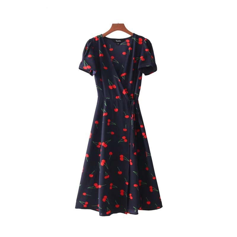 Vintage Casual V-neck A-line Midi Wrap Dress With Floral Pattern