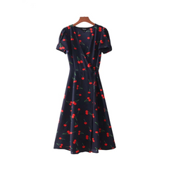 Vintage Casual V-neck A-line Midi Wrap Dress With Floral Pattern