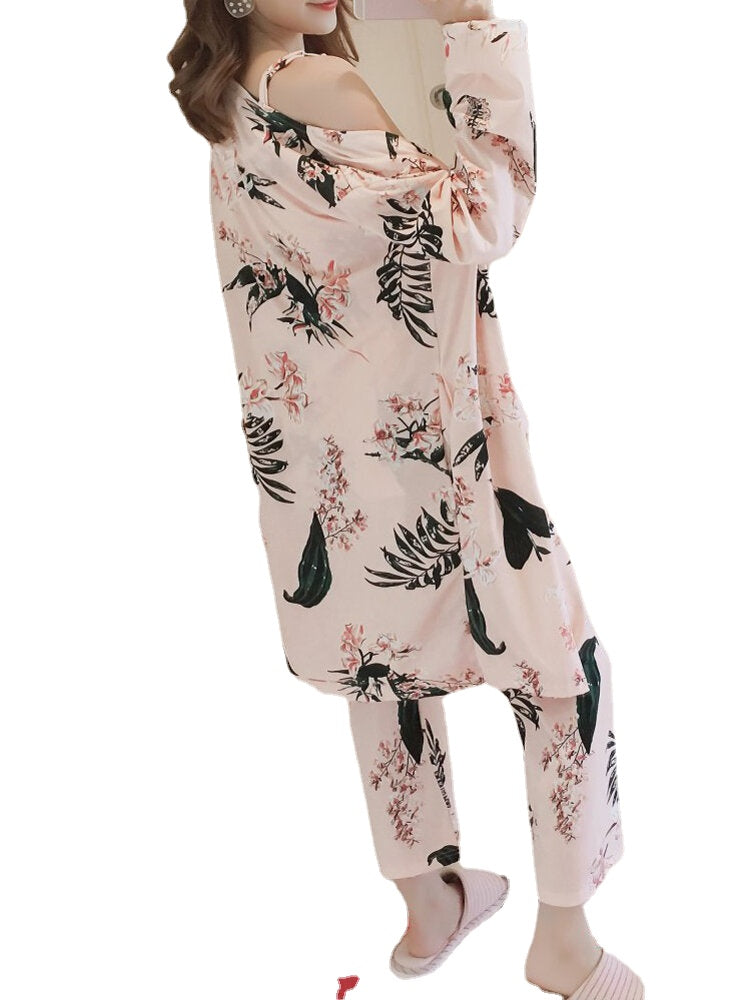 Womens Florral Print Tank Top With Robe Three Piece Home Casual Pajama Set