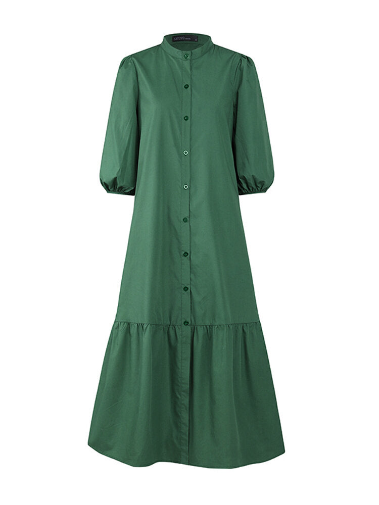 Women Solid Color Button Down Front 3/4 Sleeve Maxi Dresses