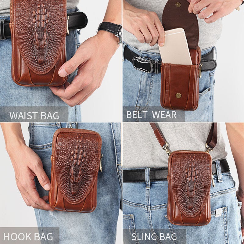 Men Crocodile Pattern Double Layer Zipper Crossbody Bags Multifunction Large Capacity Phone Bag Leather Waist With Hook