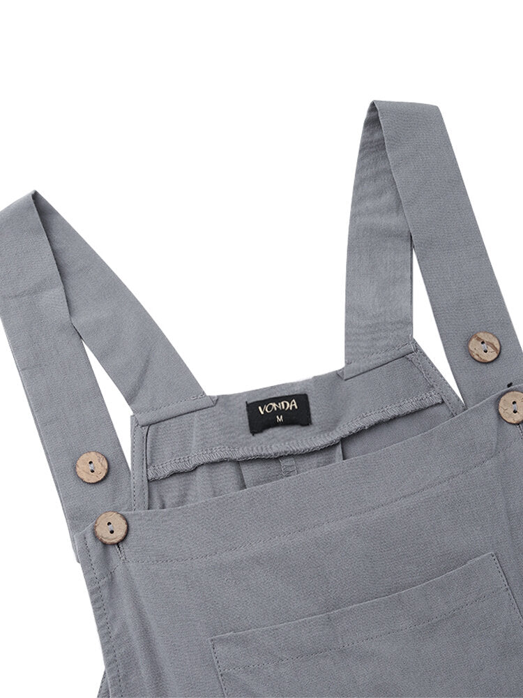 Solid Color Button Sleeveless Overalls Side Pocket Jumpsuit For Women