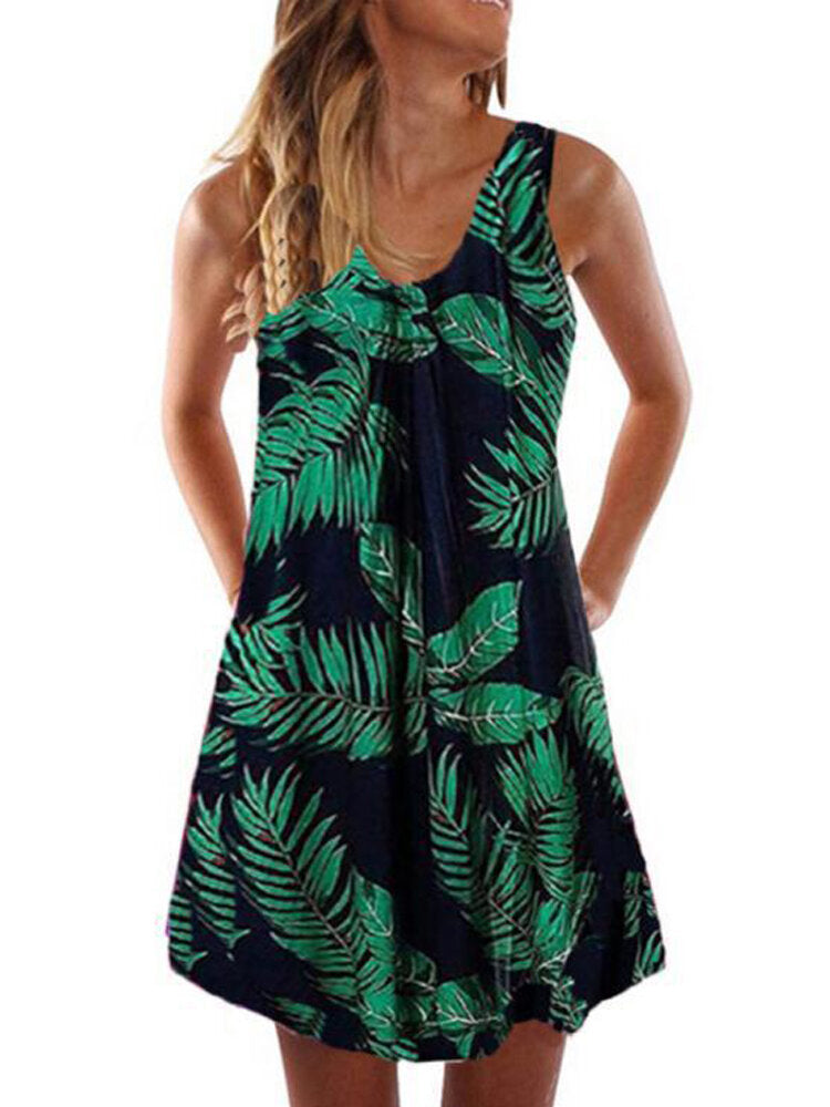 Solid Casual Sleeveless V-neck Knotted Tropical Plants Hawaii Style Holiday Mini Short Dress