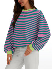 Women's Striped Crewneck Sweatshirt - Oversized Long Sleeve Casual Pullover Top