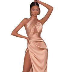 Graceful Satin Halter Dress - Solid Color, Elegant Style