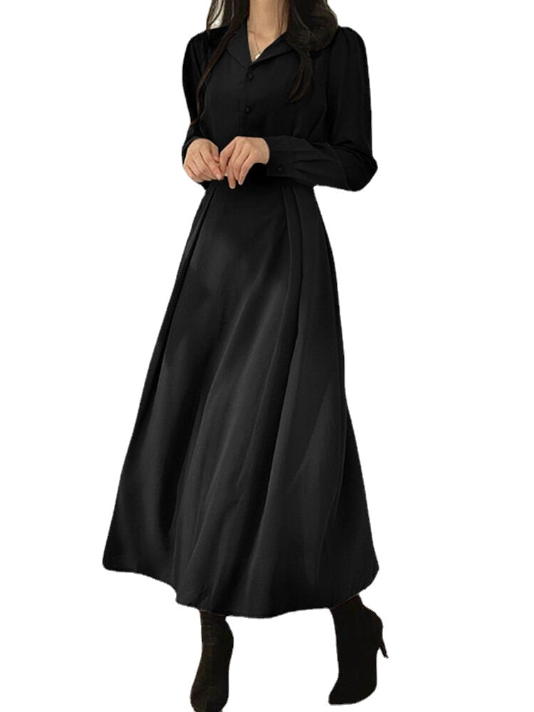 Solid Elastic Waist Button Long Sleeve Lapel Maxi Shirt Dress