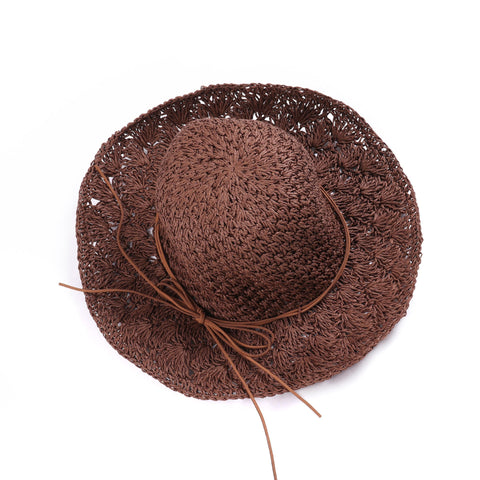 Woman Solid Color Large Edge Cap Travel Shade Straw Hat With Fine Needle Leather Rope