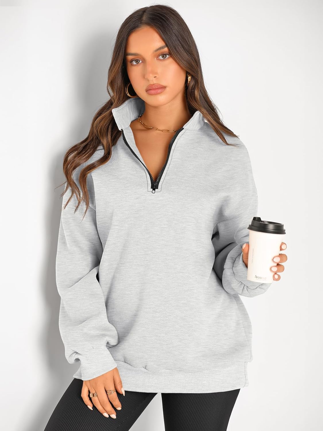 Women’s Oversized Half-Zip Pullover – Cozy Fleece Hoodie with Drop Shoulder & Quarter-Zip Design – Casual Fall and Winter Sweatshirt