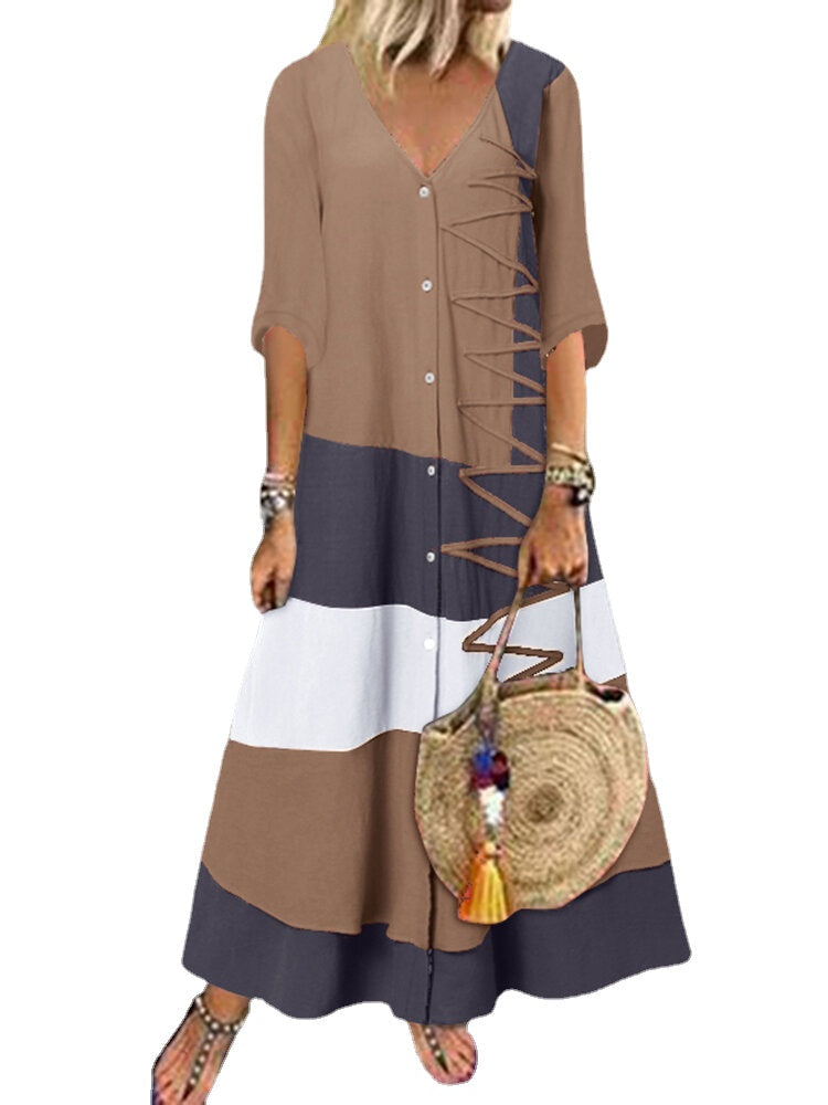 Multicolor Patchwork V Neck Button Maxi Dress