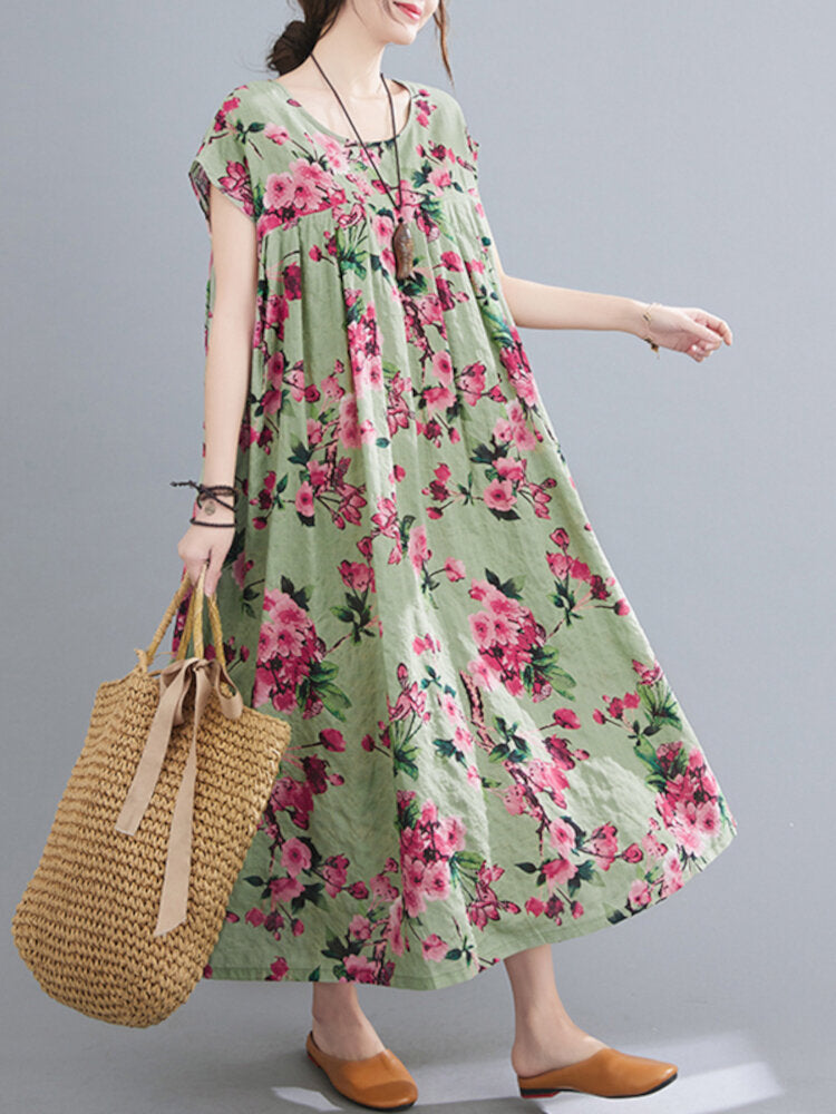 Floral Printed Bohemian Europe Retro Style O-Neck Loose Dress