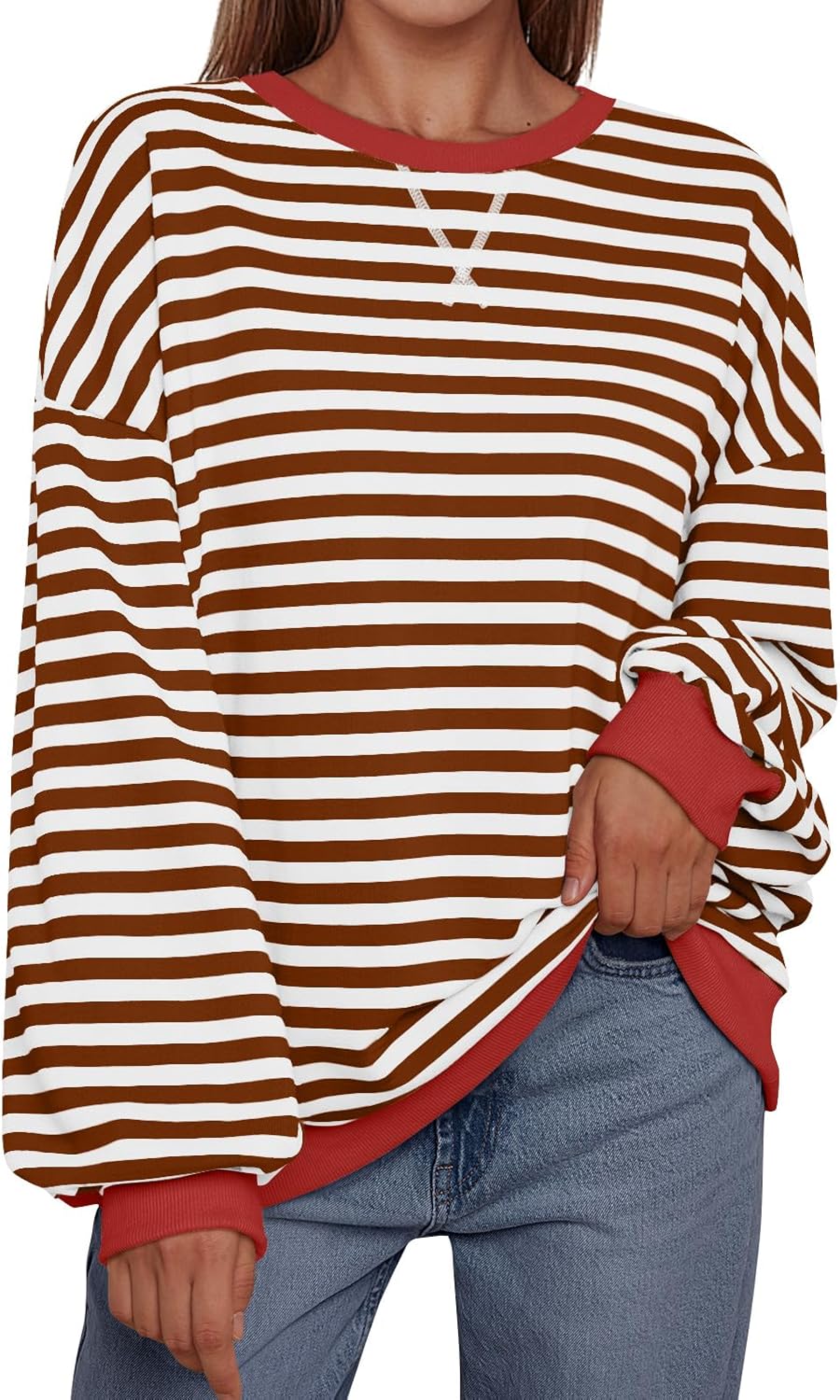 Women's Striped Crewneck Sweatshirt - Oversized Long Sleeve Casual Pullover Top